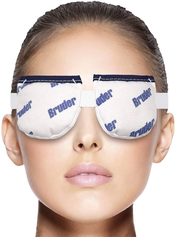 Person wearing Bruder eye masks on a white background