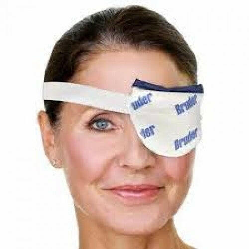 A photo of  a woman wearing the Bruder Single Eye Compress for Moist Heat Therapy.