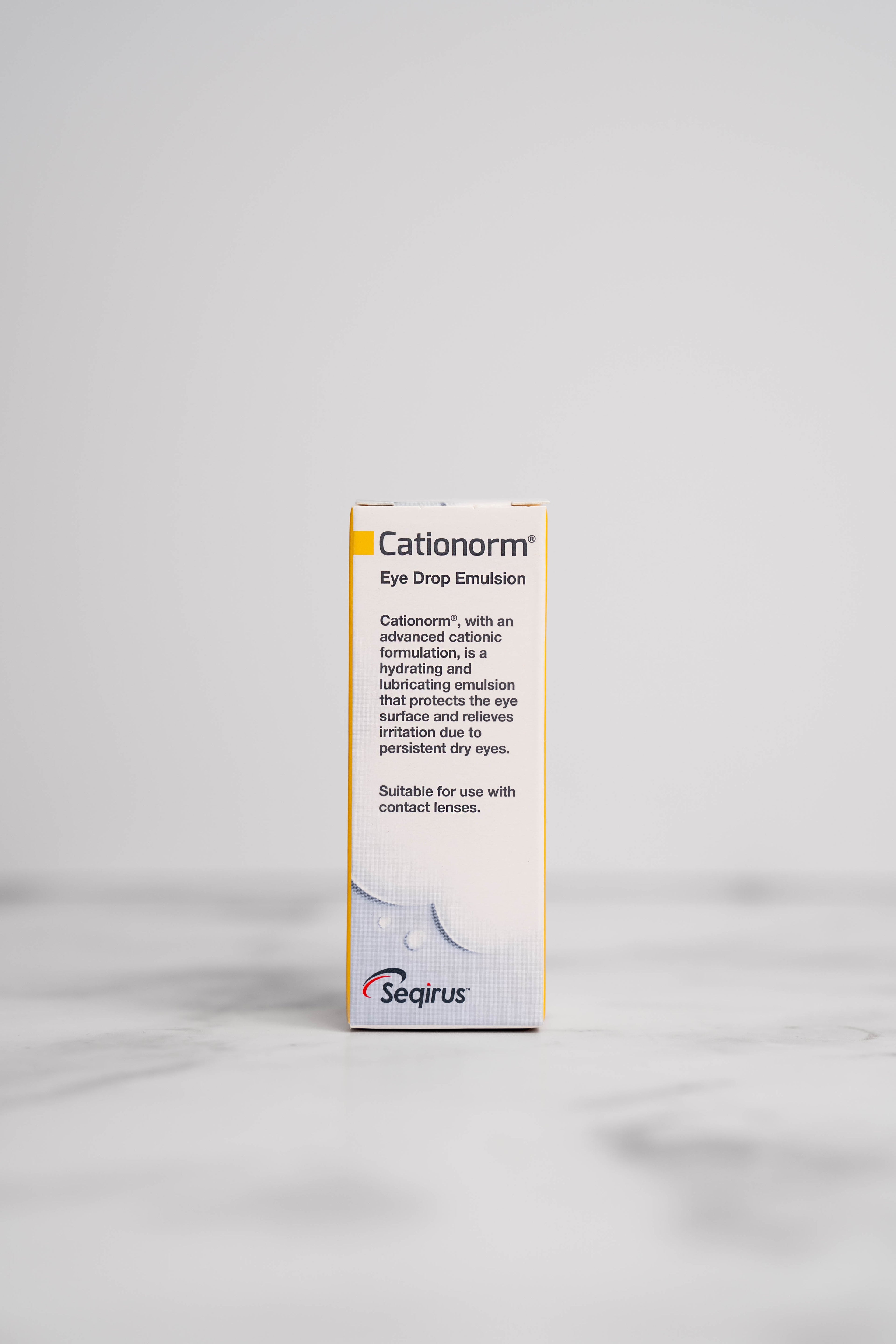 Cationorm Eye Drop Emulsion Bottle packaging for dry eye relief.