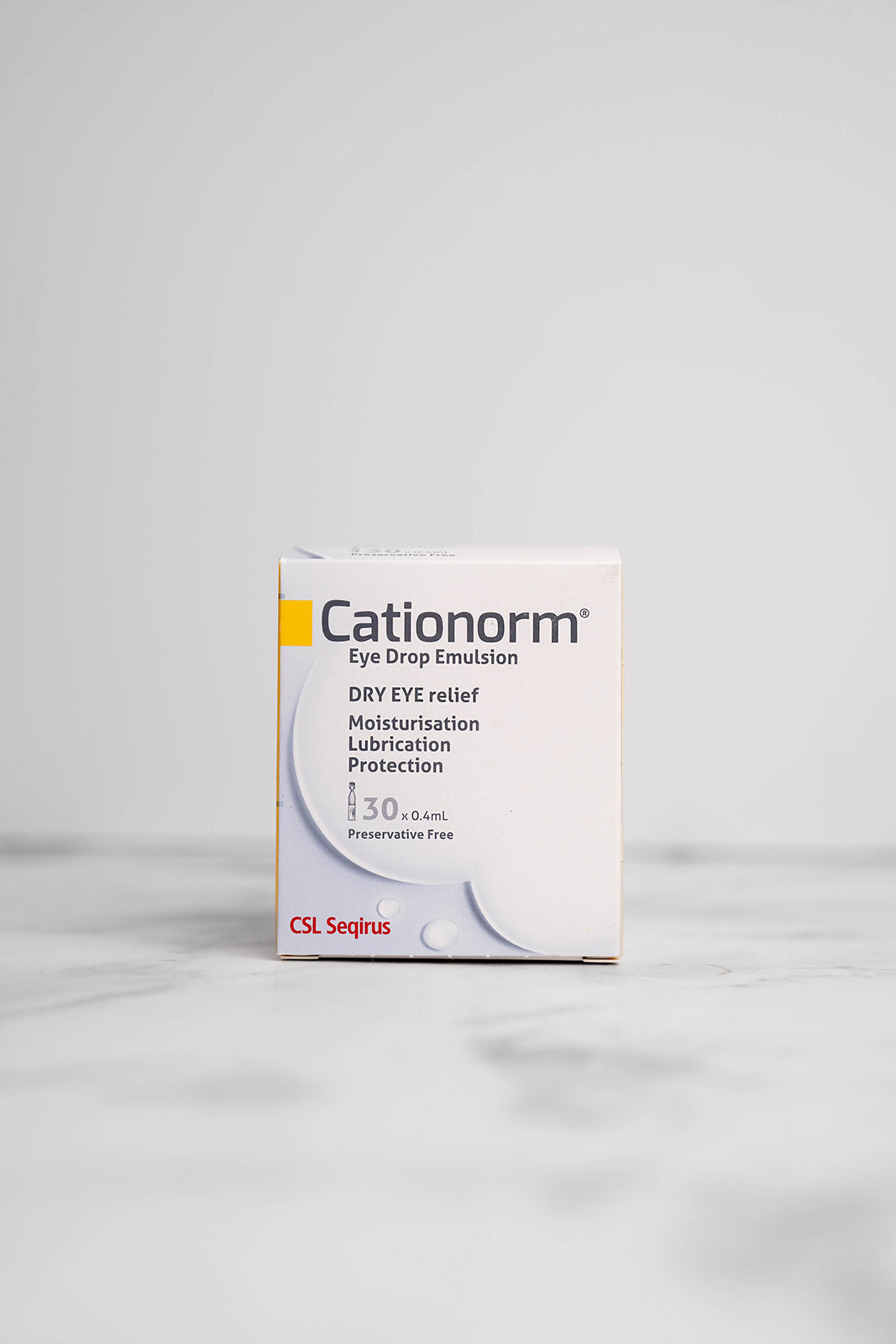 Cationorm Eye Drop Emulsion Vials packaging for dry eye treatment.