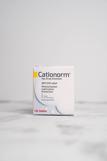 Cationorm Eye Drop Emulsion Vials packaging for dry eye treatment.