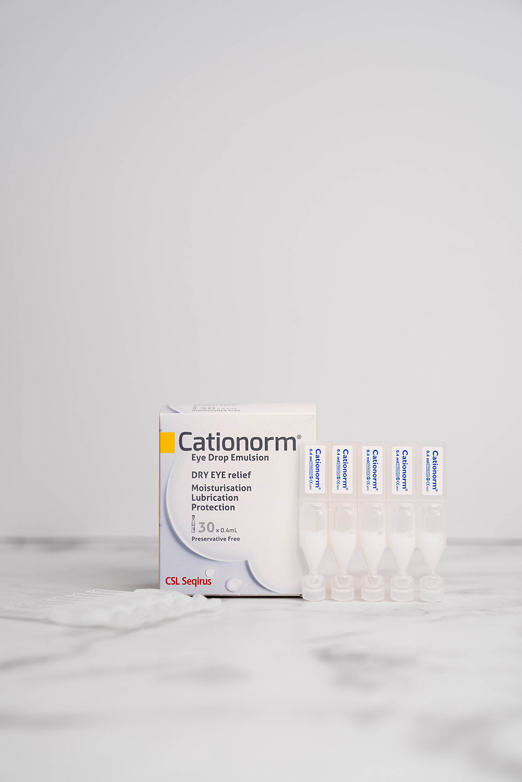 Cationorm Eye Drop Emulsion Vials for long-lasting dry eye relief.