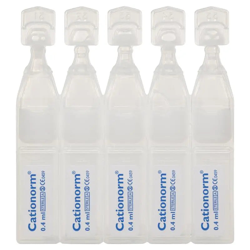 Five Cationorm vials on a white background
