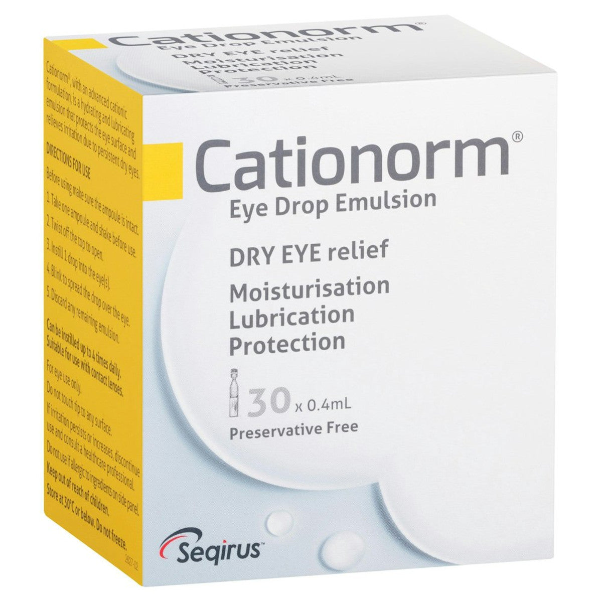 A box of 30 vials of Cationorm Eye Drop Emulsion for dry eyes.