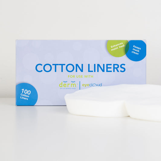 Box of DERM Dry Eye Relief Mask cotton liners with a white background