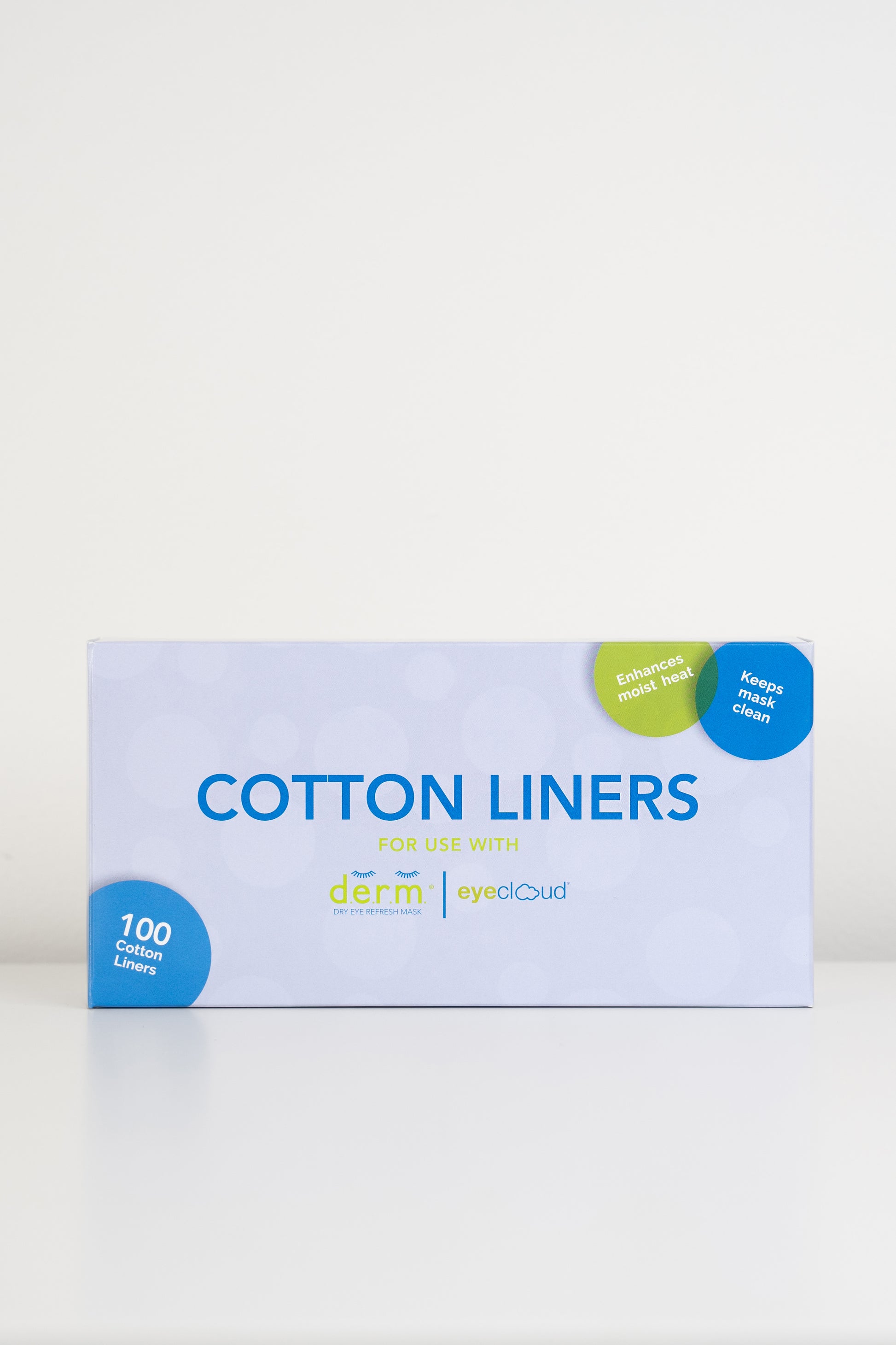 Box of cotton liners with 'Derm' branding on a white background