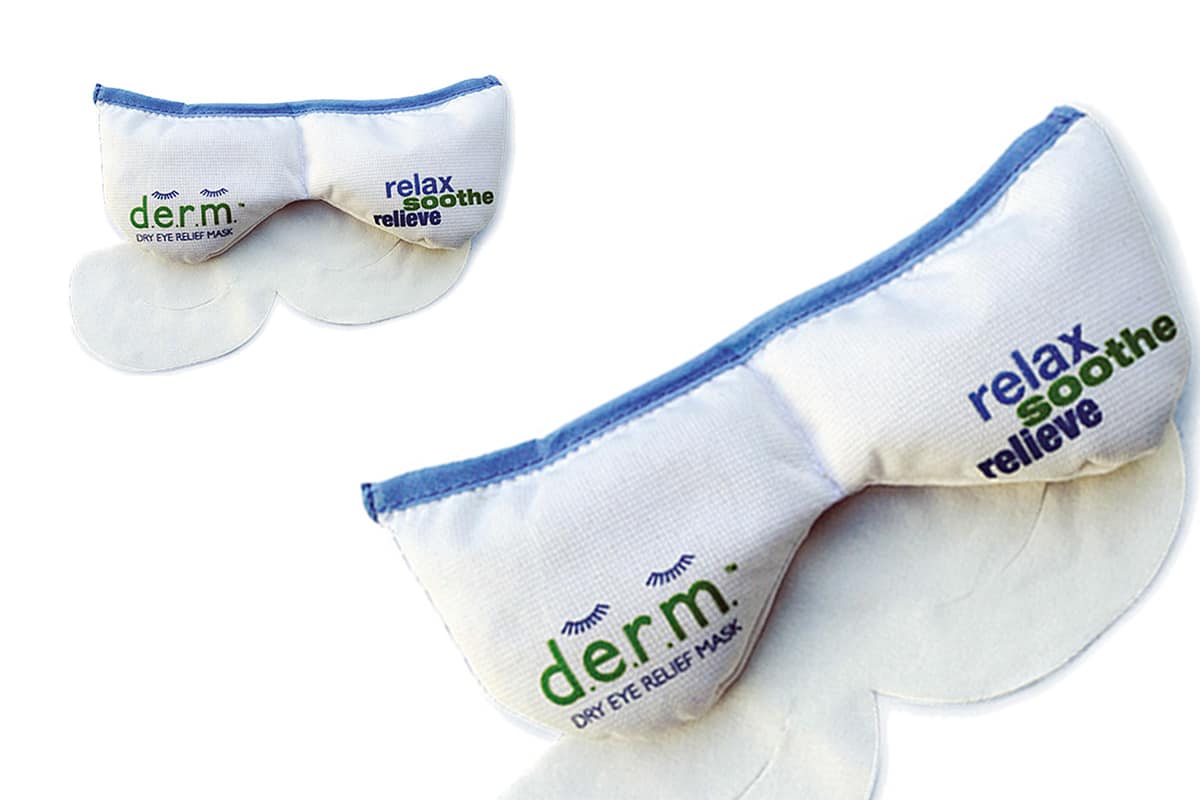 Two white eye masks with blue accents and 'derm' branding on a white background
