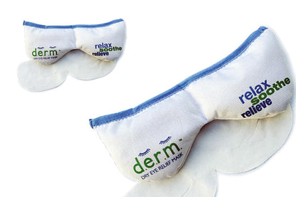 Two white eye masks with blue accents and 'derm' branding on a white background