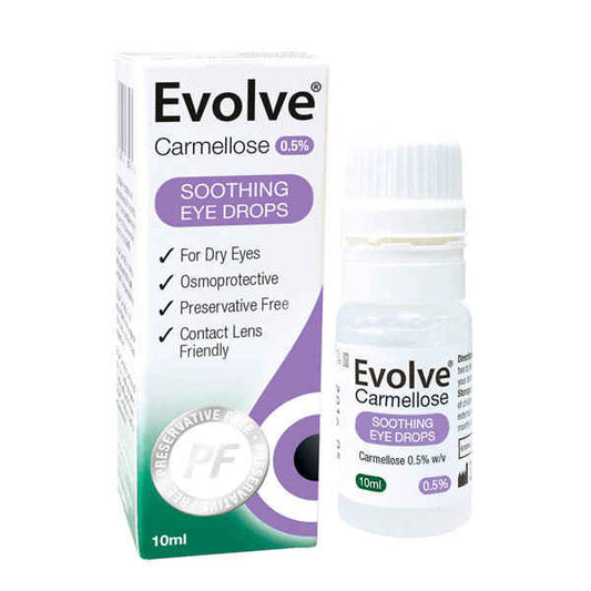 Evolve Carmellose 0.5% soothing eye drops packaging on a white background. For dry eyes, osmoprotective, preservative free & contact lens friendly.