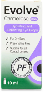 A box of Evolve Carmellose 0.5% soothing eye drops packaging on a white background. 