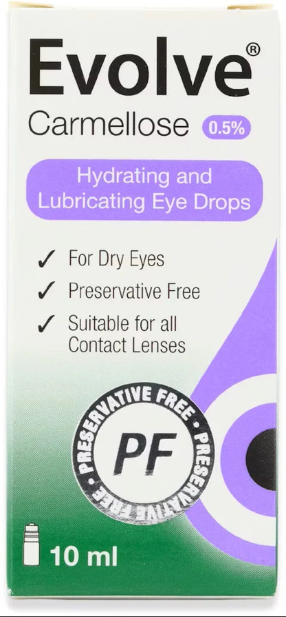 A box of Evolve Carmellose 0.5% soothing eye drops packaging on a white background. 
