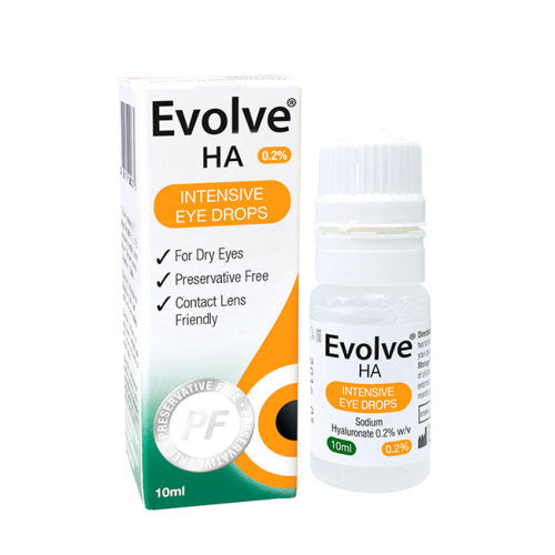 Evolve HA Eye Drops packaging and bottle on a white background