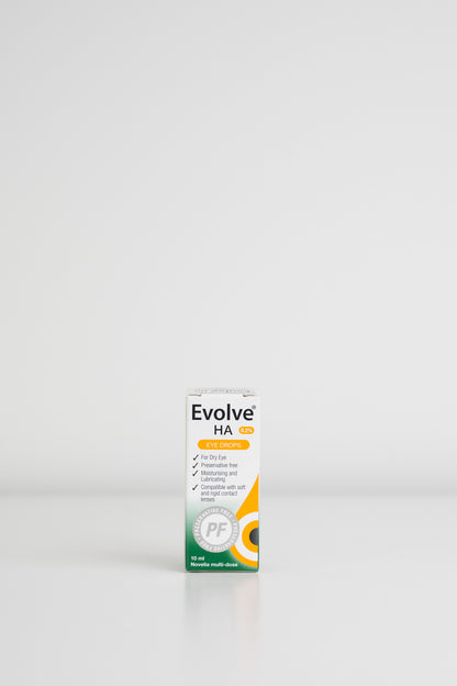 Evolve HA eye drops box on a white background