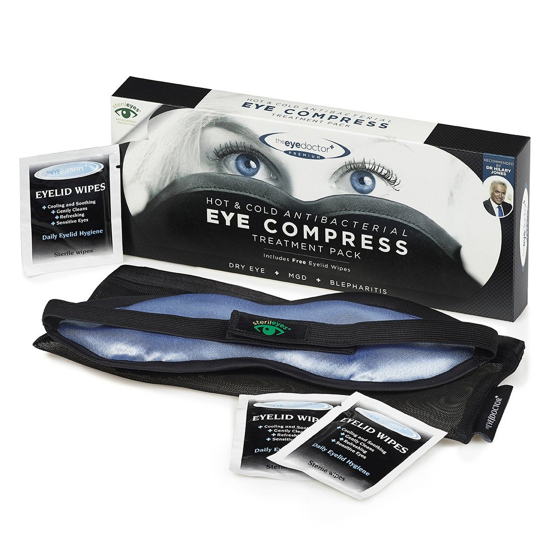 Eye Doctor Premium Antibacterial Eye Compress Treatment Pack for Dry Eyes, MGD & Blepharitis. Photo include box, mask, storage back and eyelid wipes.