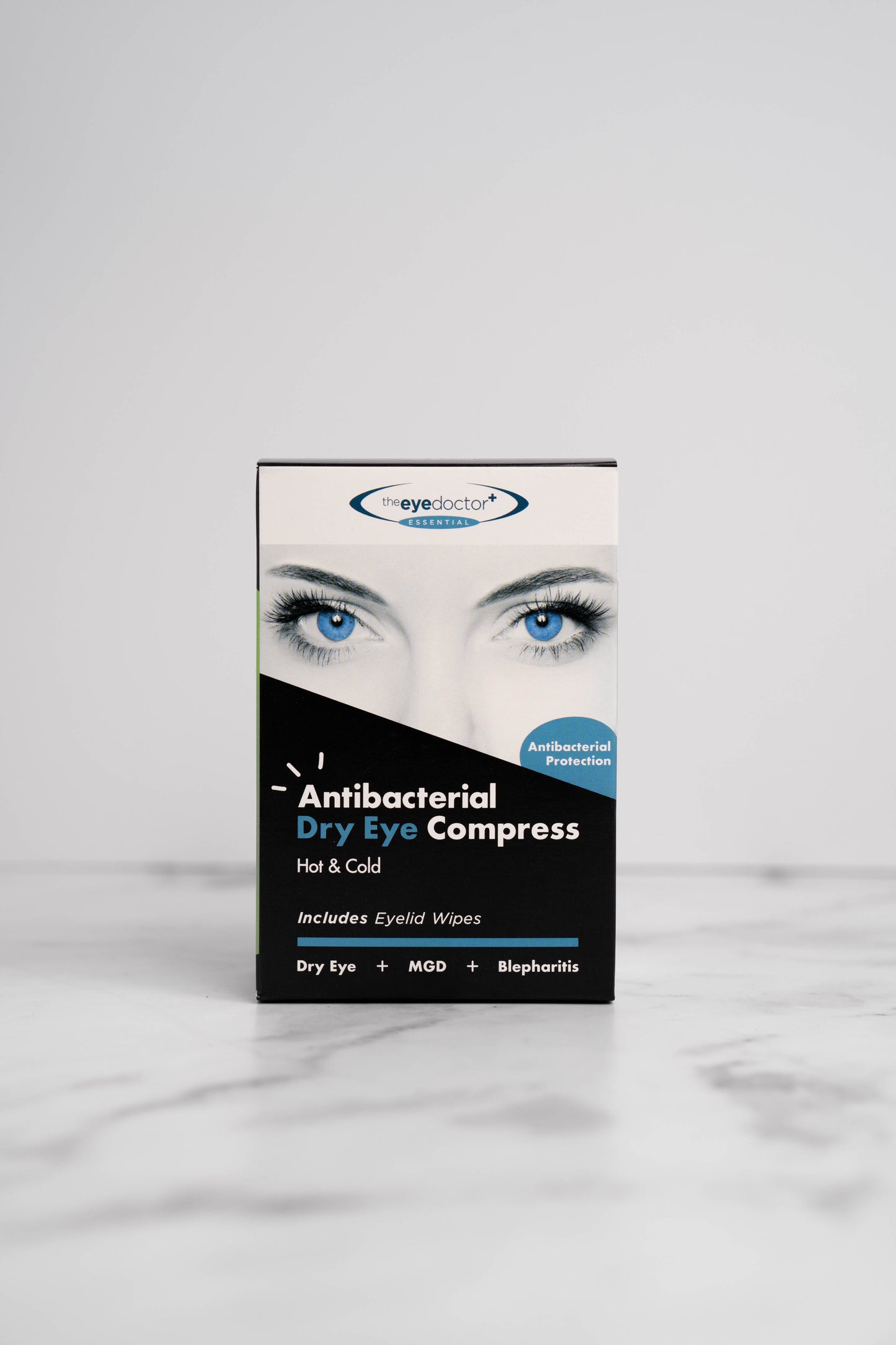 The Eye Doctor Antibacterial Dry Eye Compress packaging for dry eye relief.