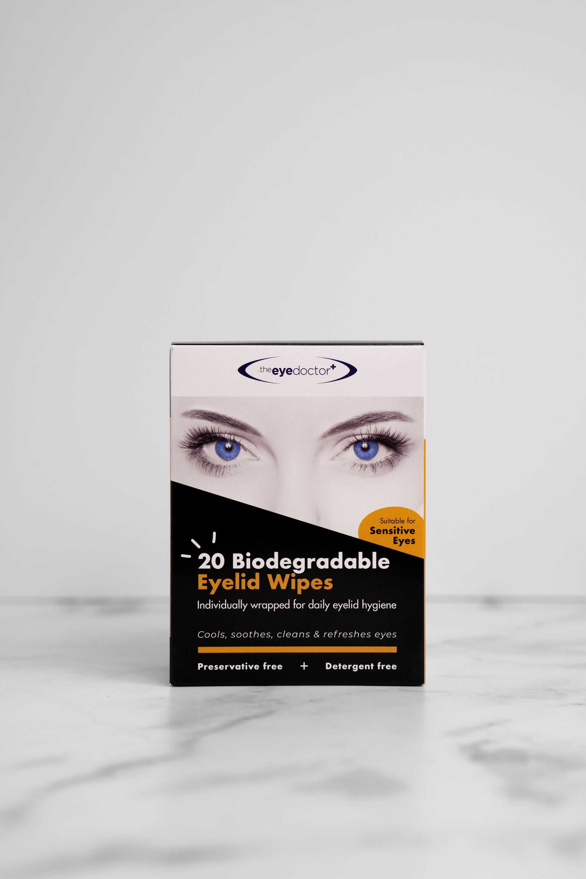 The Eye Doctor Biodegradable Eyelid Wipes packaging for eco-friendly eye care.