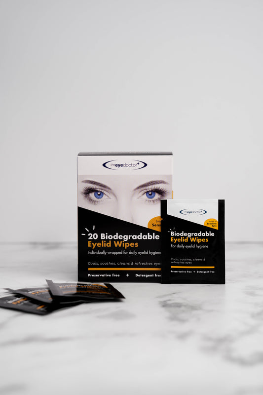 The Eye Doctor Biodegradable Eyelid Wipes for sustainable eyelid hygiene.