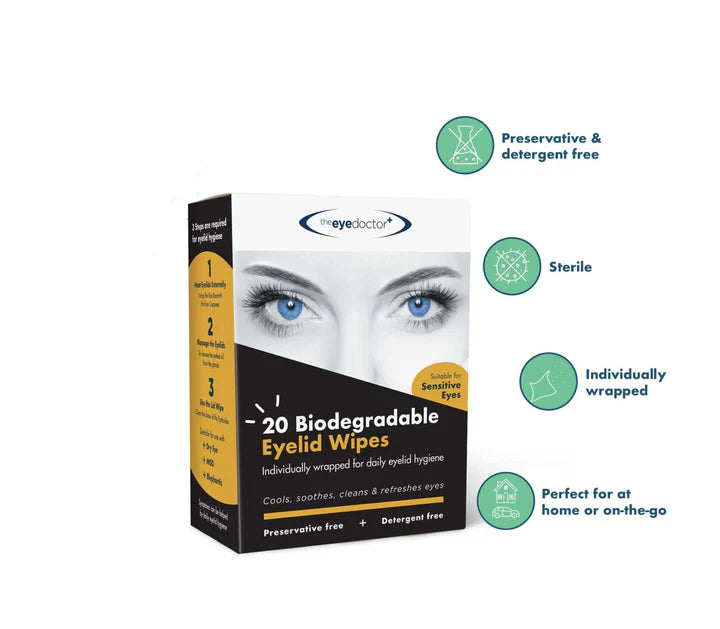 A box of The Eye Doctor Biodegradable Eyelid Wipes to help cleanse and soothe eyes.