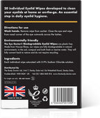 The back of the box of The Eye Doctor Biodegradable Eyelid Wipes to help cleanse and soothe eyes. Includes use instructions, ingredients, and key information.