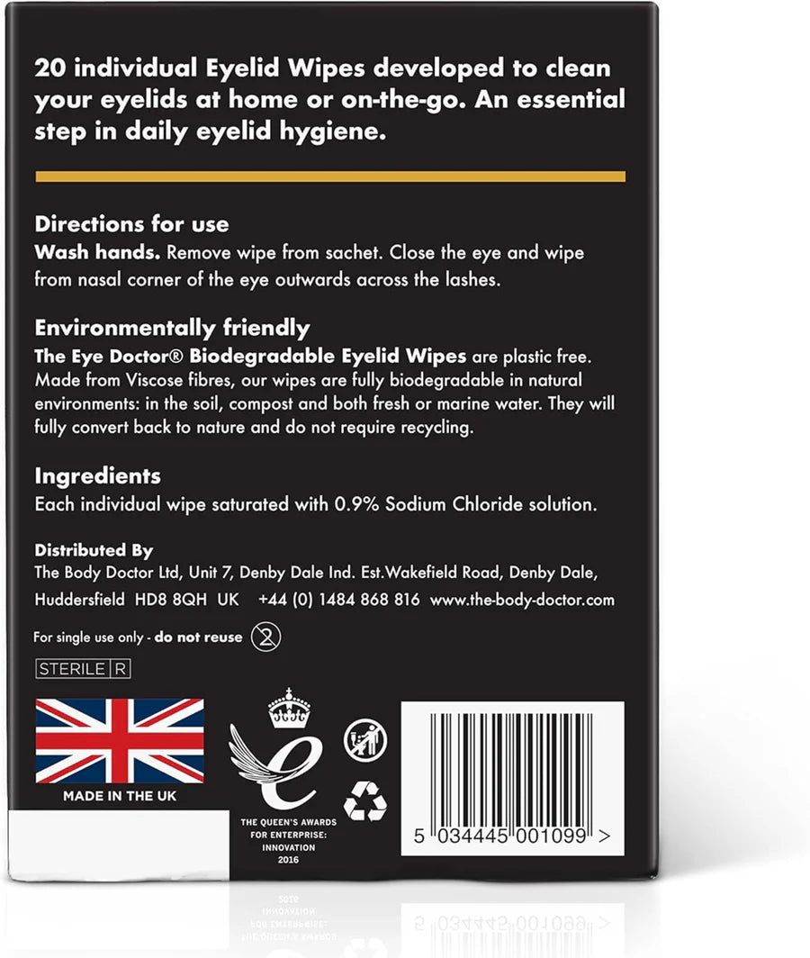 The back of the box of The Eye Doctor Biodegradable Eyelid Wipes to help cleanse and soothe eyes. Includes use instructions, ingredients, and key information.