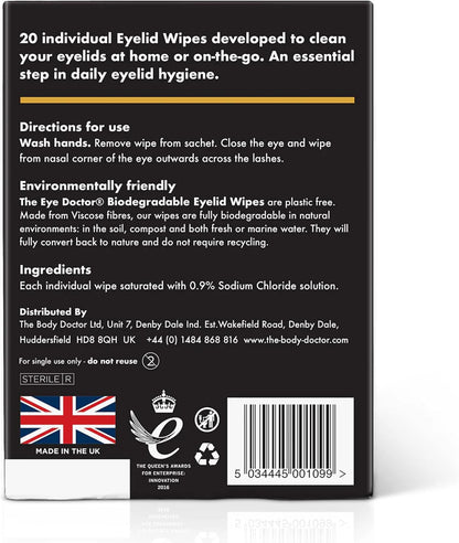 The back of the box of The Eye Doctor Biodegradable Eyelid Wipes to help cleanse and soothe eyes. Includes use instructions, ingredients, and key information.