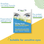 A box and list of key features of The Eye Doctor Hay Fever Relief Eyelid Wipes.
