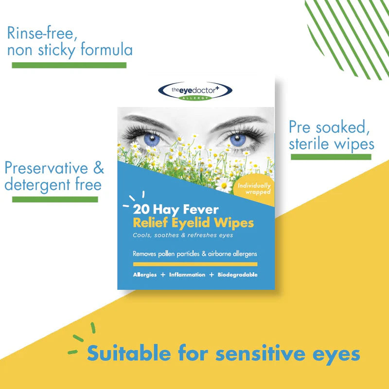 A box and list of key features of The Eye Doctor Hay Fever Relief Eyelid Wipes.