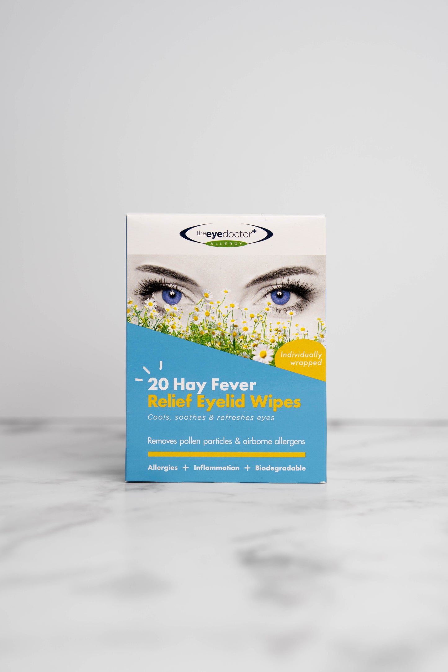 The Eye Doctor Hay Fever Relief Eyelid Wipes packaging for allergy relief.