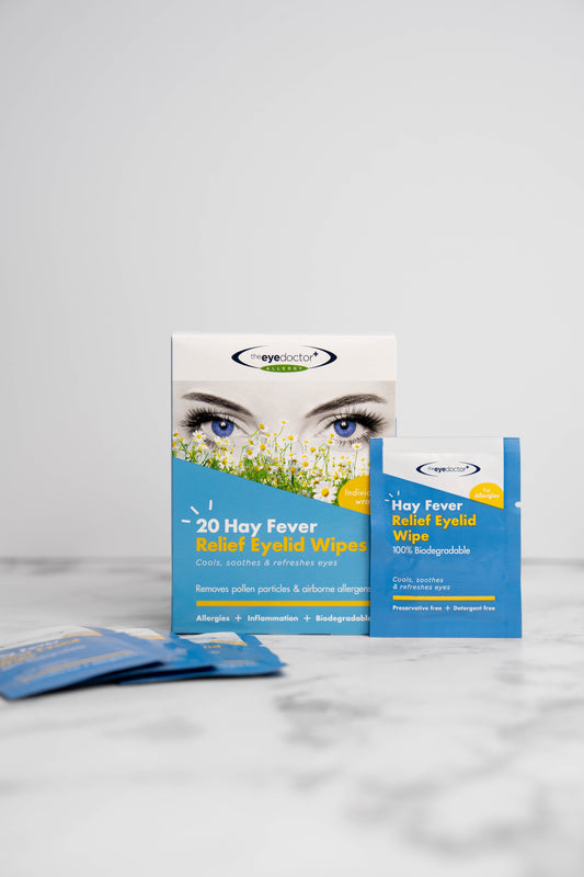 The Eye Doctor Hay Fever Relief Eyelid Wipes for gentle pollen removal.