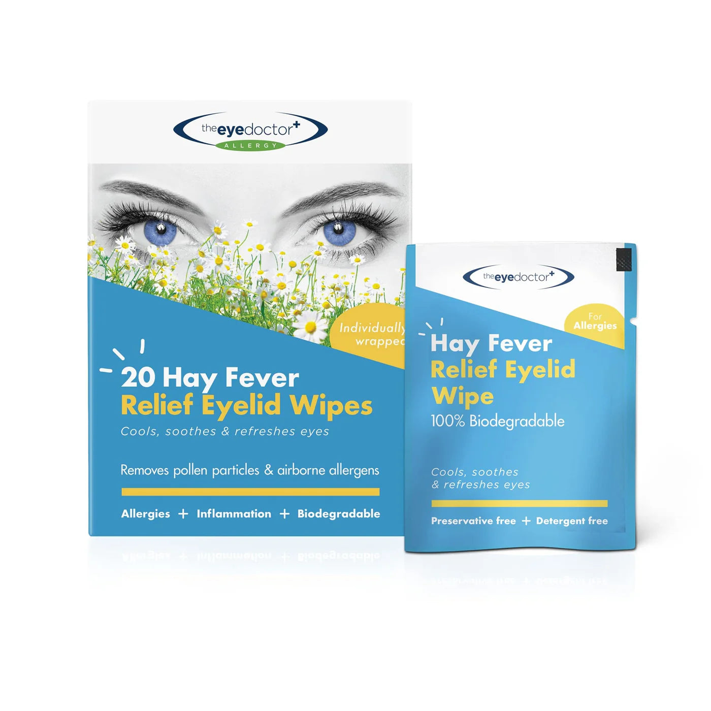 A box of The Eye Doctor Hay Fever Relief Eyelid Wipes.