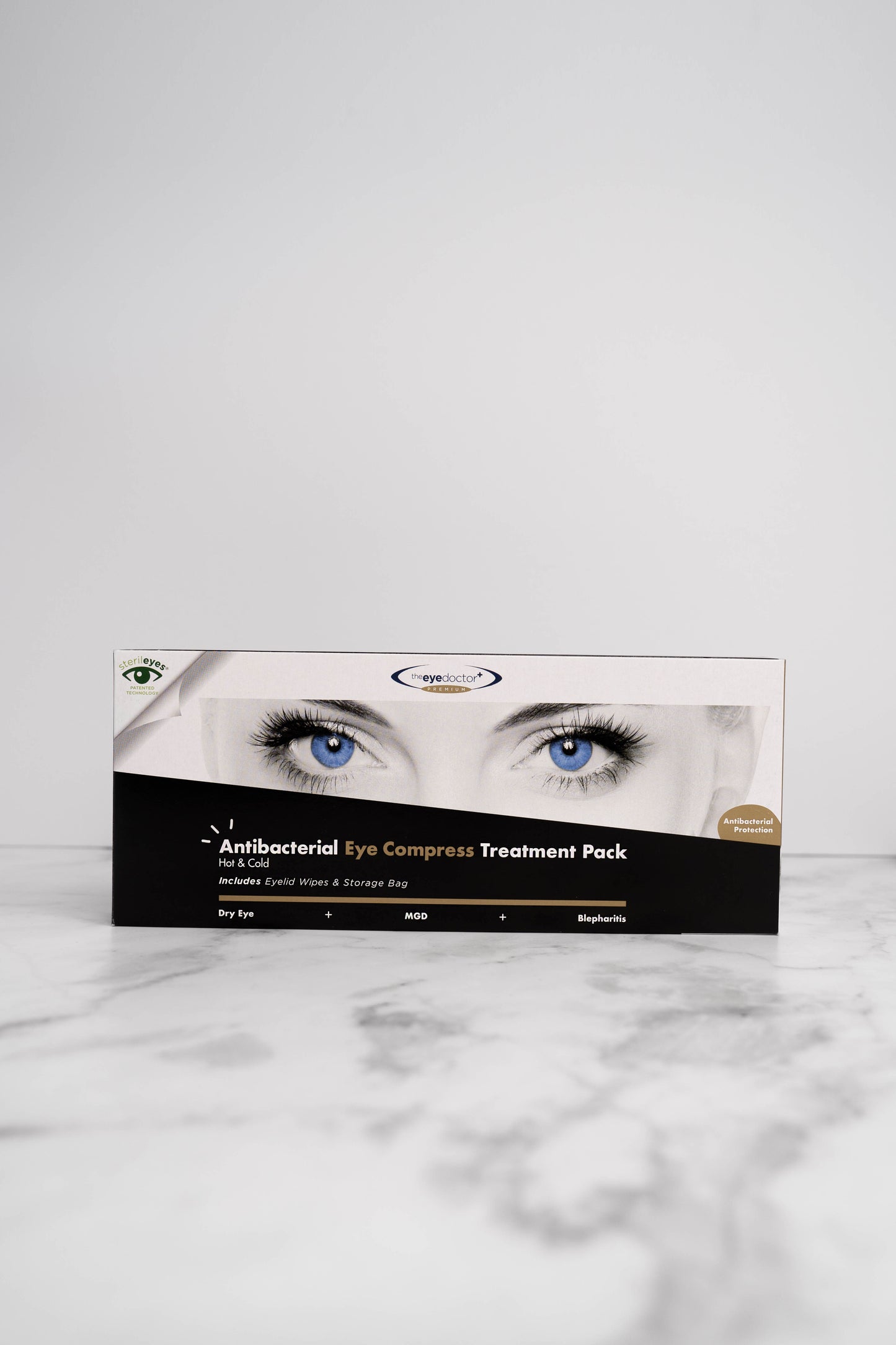 The Eye Doctor Premium Antibacterial Eye Compress Treatment Pack packaging for comprehensive dry eye care.