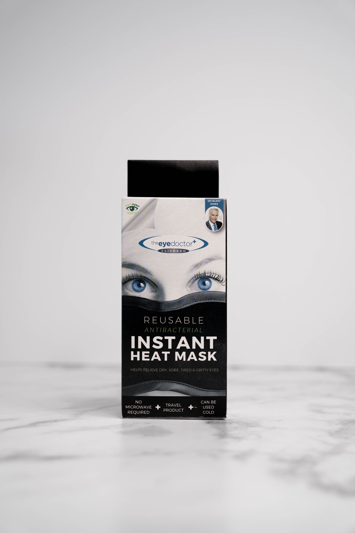 The Eye Doctor Reusable Instant Heat Mask packaging for eye comfort.