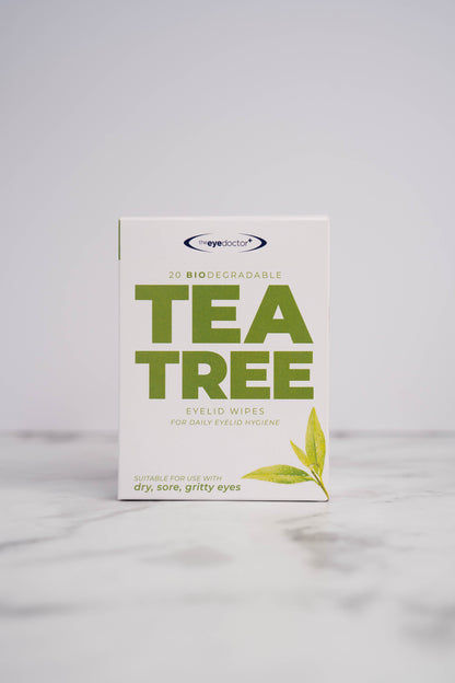 The Eye Doctor Tea Tree Eyelid Wipes packaging for daily eyelid hygiene.