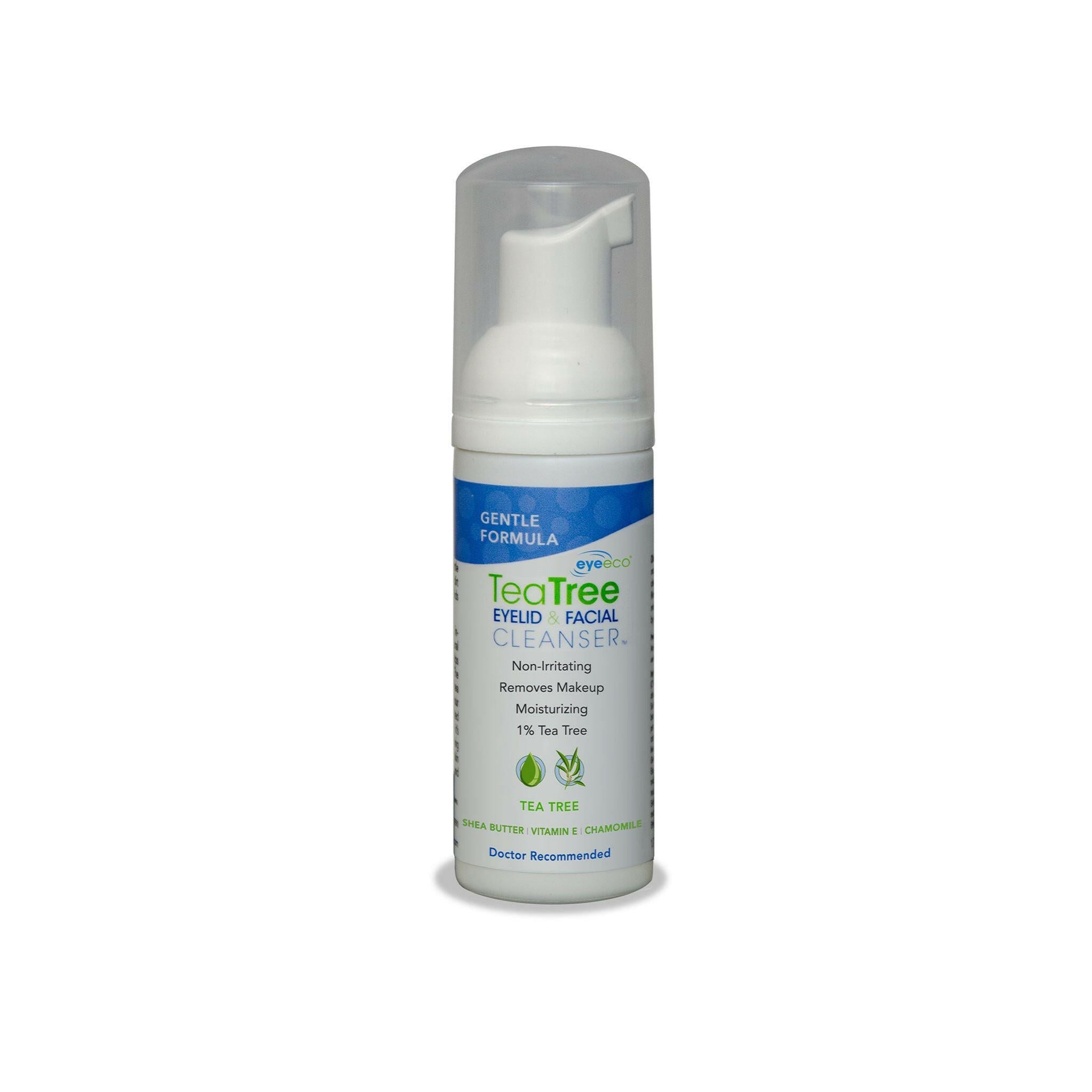A 50ml bottle of EyeEco Tranquileyes Gentle 1% Tea Tree Oil Cleanser for eyelids and facial care.