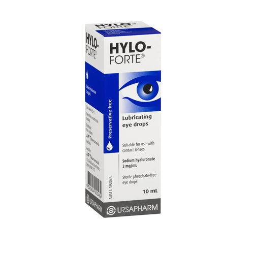 Side view of a 10ml bottle of Hylo Forte. Lubricating, long lasting eye drop for dry or irritated eyes.