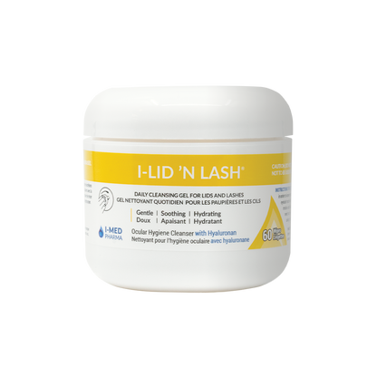 A container of 60x I-Lid 'N Lash Eyelid Wipes. Daily cleansing gel for lids and lashes.