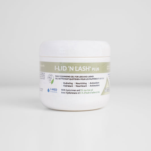 I-Lid ’N Lash Plus eyelid wipes jar for antimicrobial cleaning