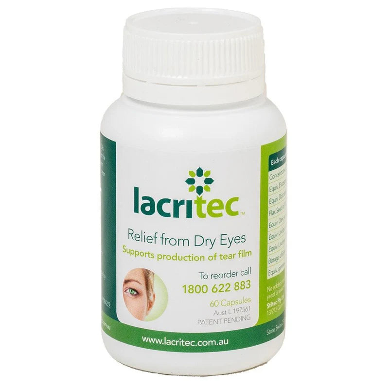 Lacritec supplement bottle for dry eyes on a white background