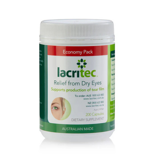 Lacritec dry eye supplement bottle on a white background
