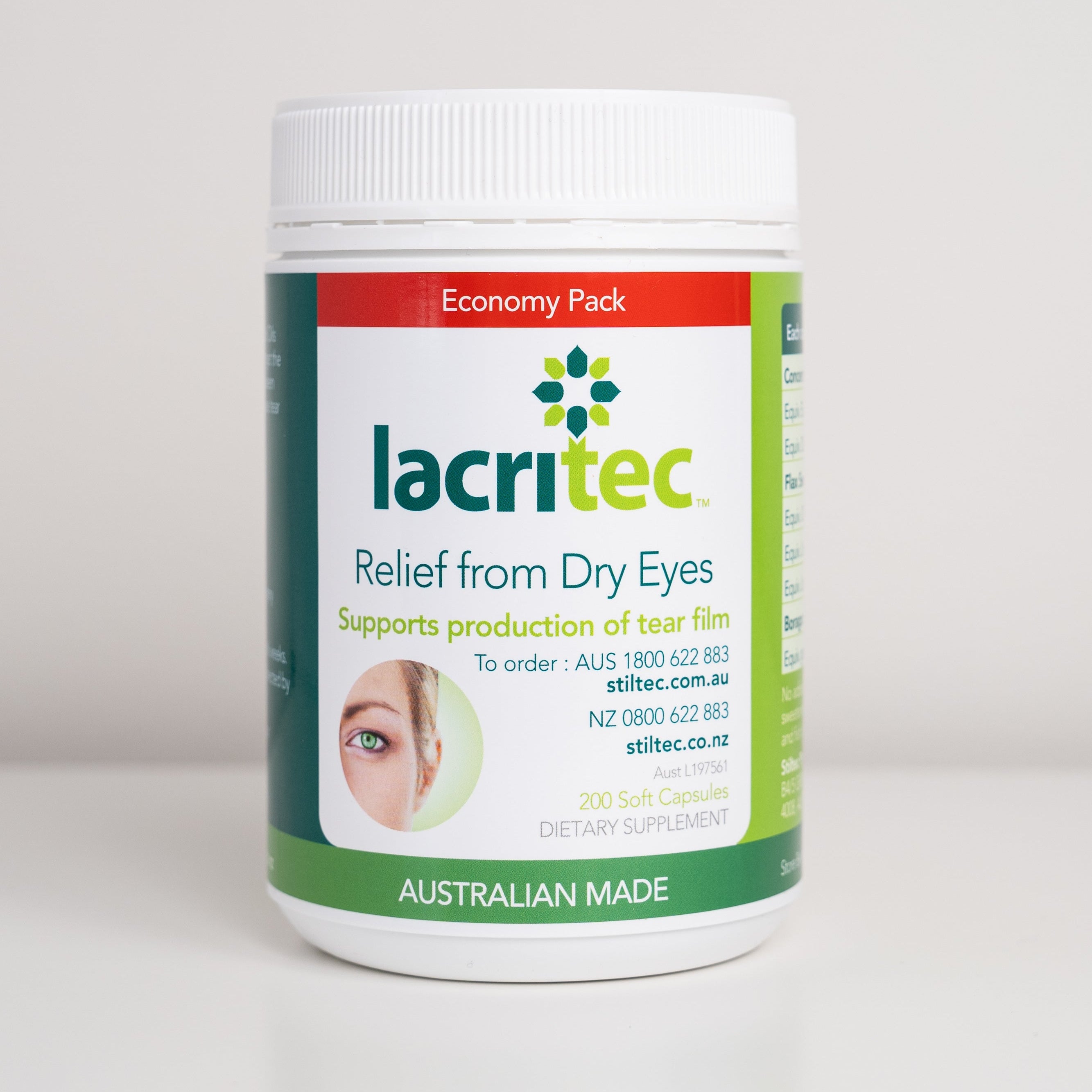 Lacritec supplement 200 capsules for dry eyes on a white background