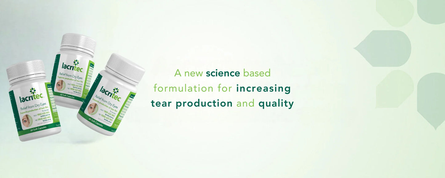 Three bottles Lacritec Dry Eye Supplement with text about increasing tear production on a green background