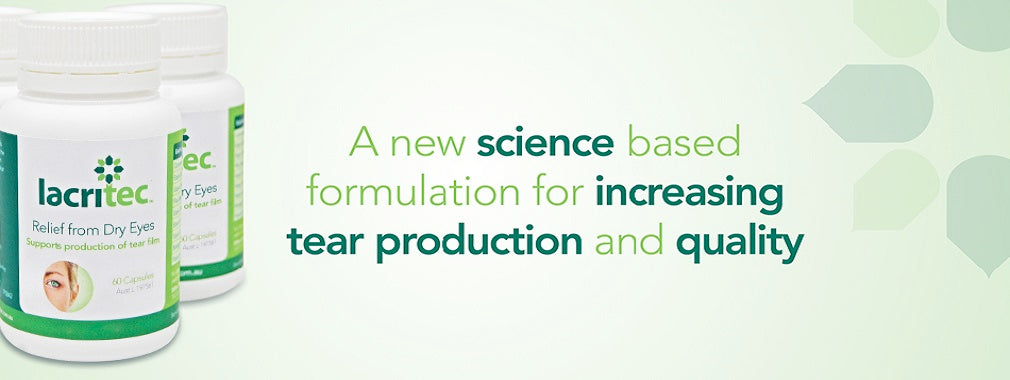 Two Lacritec eye drop containers with text about increasing tear production on a green background