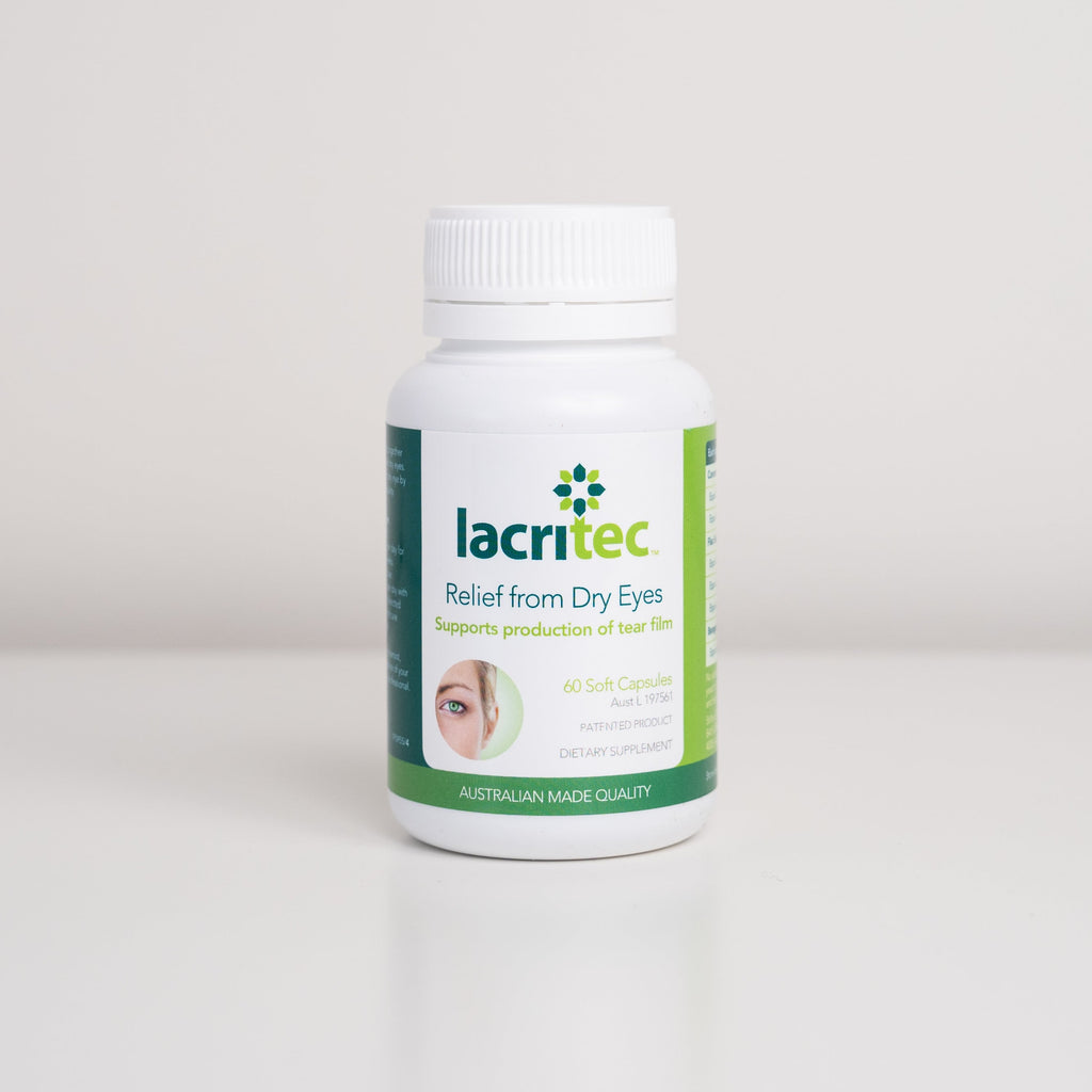 Lacritec supplement bottle for dry eyes on a white background