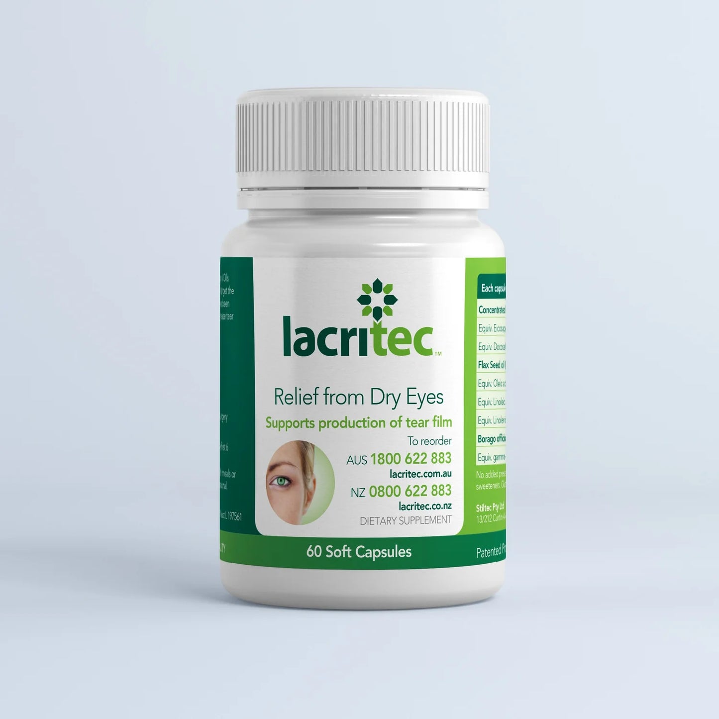 Lacritec dry eye supplement bottle on a light gray background