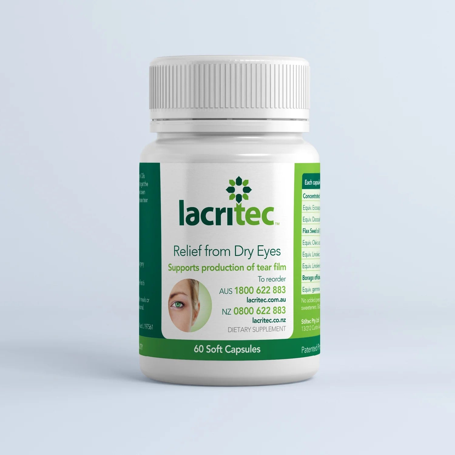 Lacritec dry eye supplement bottle on a light gray background