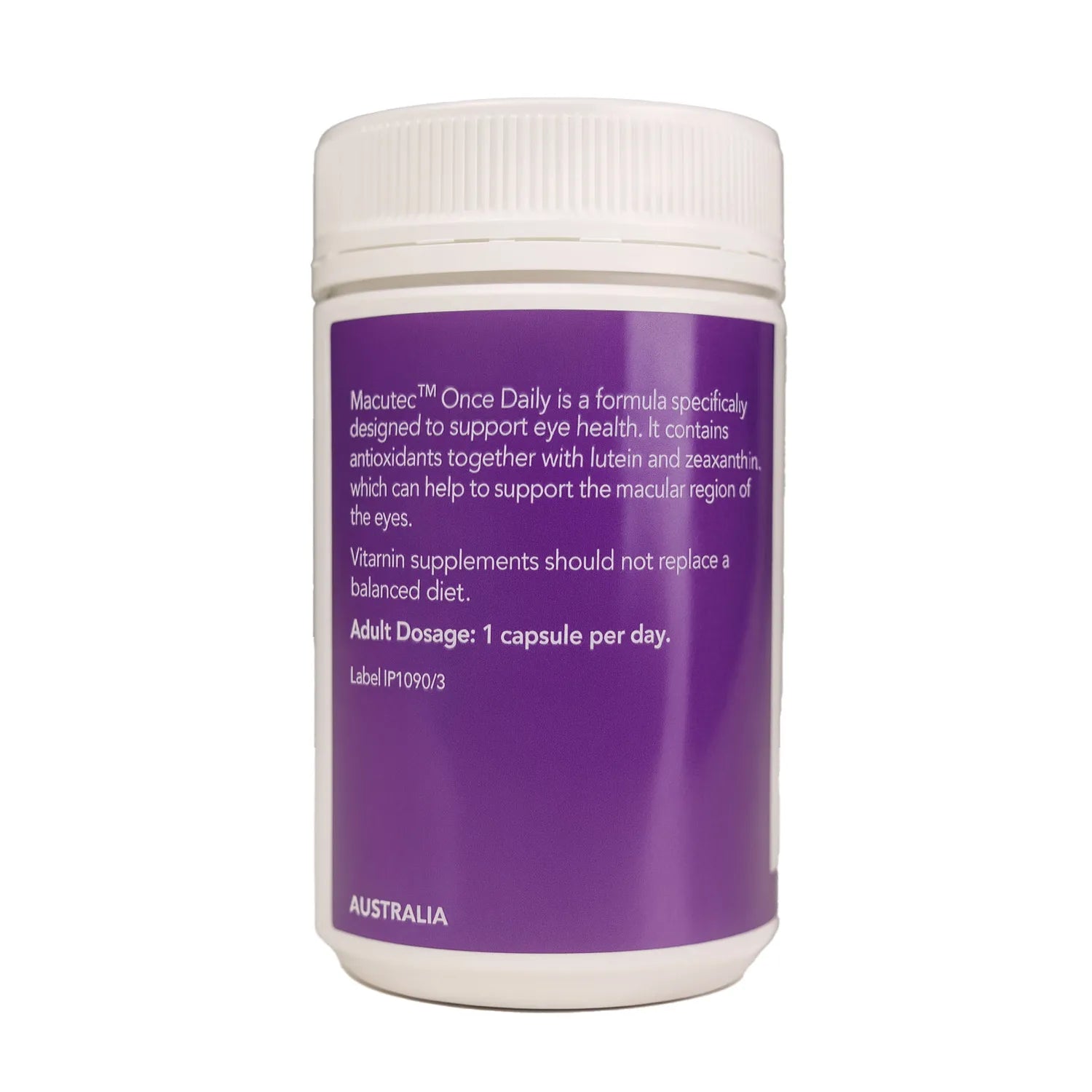 Macutec Once Daily container with white lid on a white background inclduing description and dosage.