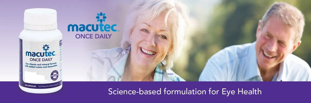 Macutec Once Daily supplement bottle with a couple smiling in the background, labeled 'Science-based formulation for Eye Health'.
