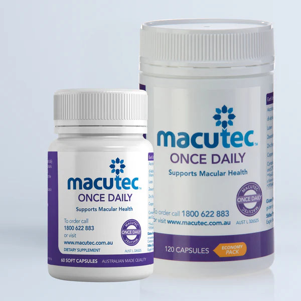 Two containers of macutec Once Daily supplements on a light gray background