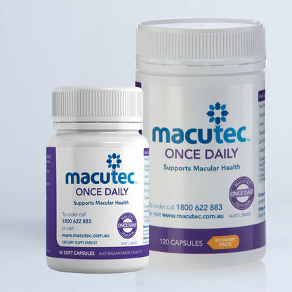 Two containers of macutec Once Daily supplements on a light gray background