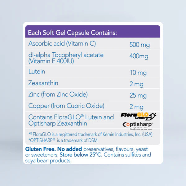 Nutritional label for soft gel capsules with ingredients and their amounts on a light blue background.